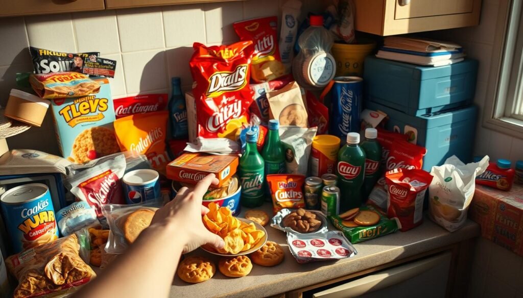A cluttered kitchen countertop, strewn with a variety of processed food items - sugary cereals, salty snacks, fizzy drinks, and heavily processed baked goods. The items are cast in a harsh, unflattering light, casting long shadows that seem to encroach upon the viewer. The overall atmosphere is one of excess, lack of moderation, and the sense that these foods are hijacking the brain's reward systems. In the foreground, a person's hand reaches for a bag of chips, their expression one of distraction and lack of focus. The background is blurred, hinting at the distractions and lack of productivity that can result from over-indulging in these types of foods.