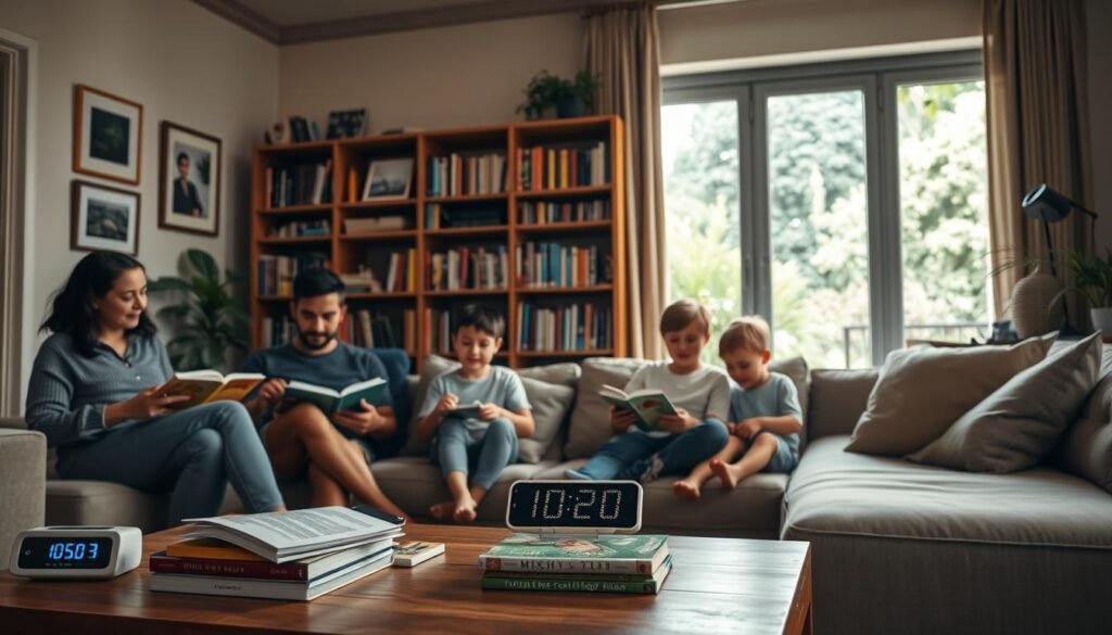 A cozy family living room, with warm, soft lighting casting a serene glow. In the foreground, a family of four - parents and two children - engaged in various activities. The parents are reading books, while the children play with classic wooden toys. On the coffee table, a digital timer and a stack of books on mindful technology use. In the middle ground, a large bookshelf filled with books and a few carefully selected technological devices, such as a tablet and a smartphone, tucked away neatly. The walls are adorned with framed nature photographs, creating a calming and balanced atmosphere. The background features a large window overlooking a lush, verdant garden, emphasizing the harmony between nature and technology. The overall scene conveys a sense of intentional, well-rounded living, where technology is integrated thoughtfully and in moderation.