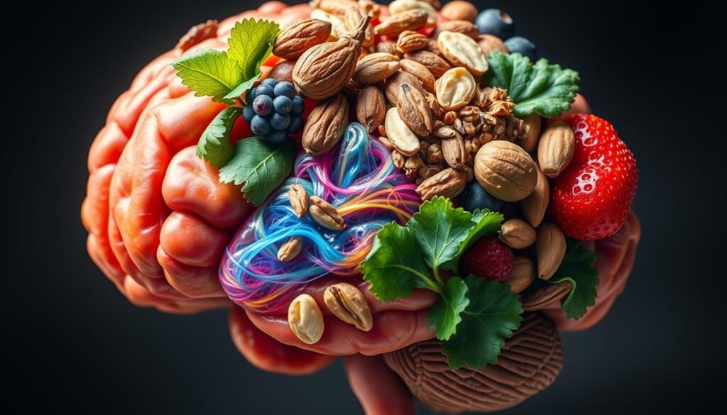 A detailed close-up view of the human brain overlaid with various nutrient-rich foods, such as leafy greens, berries, nuts, and whole grains. The brain is depicted in vibrant colors, highlighting its intricate neural pathways and emphasizing the importance of proper nutrition for cognitive function. The foods are arranged in a visually striking, almost architectural composition, conveying a sense of balance and harmony between the brain and its dietary needs. The lighting is soft and diffused, creating a warm, contemplative atmosphere. The overall impression is one of a deep, scientific understanding of the relationship between the brain and the foods that nourish it.