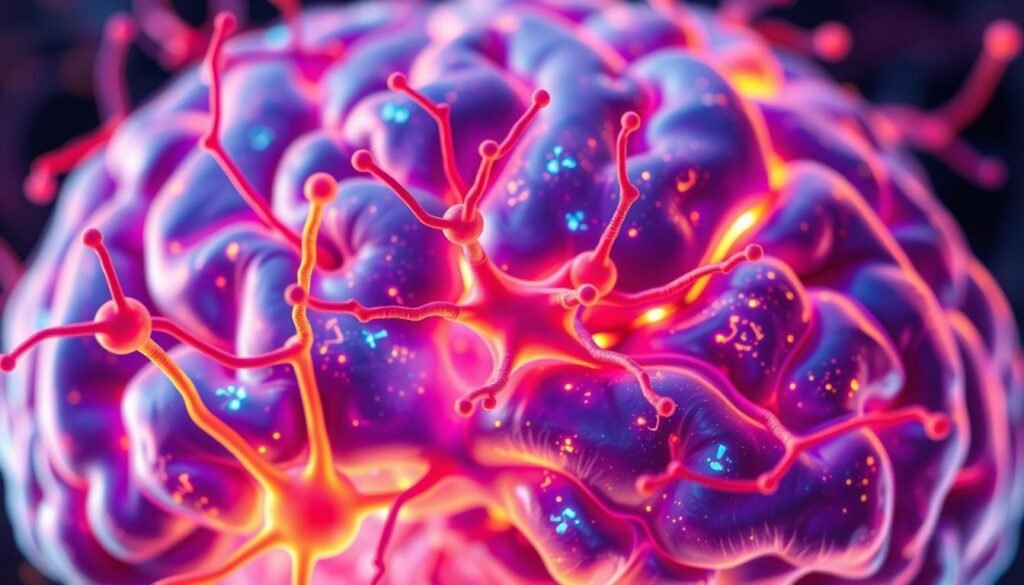 A detailed close-up view of the human brain, showcasing the intricate neuronal connections and synaptic activity that embody the concept of neuroplasticity. The image should depict the brain in a vibrant, high-contrast palette, with a crisp, almost surgical level of detail. The neurons should appear to be in a state of dynamic flux, with synapses firing and neural pathways forming and reorganizing, conveying the idea of the brain's remarkable ability to adapt and change. The overall mood should be one of scientific curiosity and the awe-inspiring complexity of the human mind.