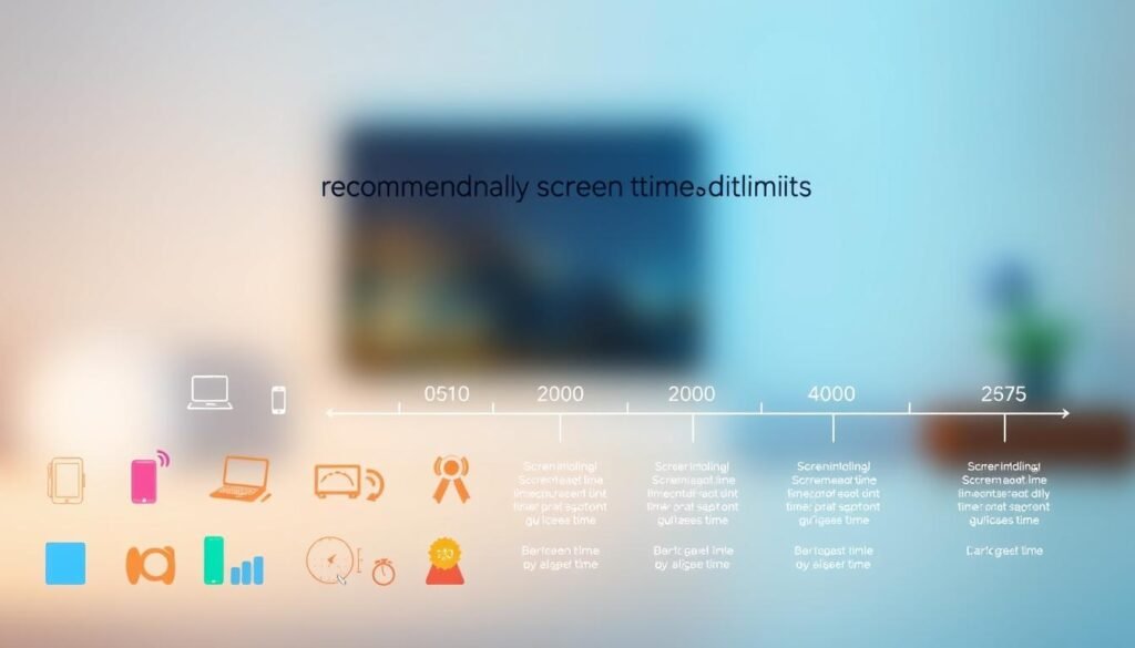 A detailed infographic showcasing the recommended daily screen time limits for different age groups, presented in a clean and modern visual style. The foreground features a series of colorful icons and pictograms representing various digital devices and age-appropriate activities. The middle ground depicts a sleek timeline chart displaying the screen time guidelines, with clear numerical values and age ranges. The background has a soft, blurred gradient in soothing shades of blue, creating a calm and professional atmosphere. The overall composition is balanced, with ample negative space to make the information easy to comprehend at a glance. The lighting is soft and diffused, with a subtle hint of directional illumination to add depth and dimension to the design.