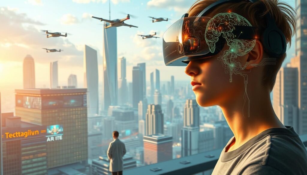 A futuristic cityscape with sleek, modern buildings and sprawling tech infrastructure. In the foreground, a young person immersed in a virtual reality headset, their neural pathways illuminated as they interface with the digital world. In the middle ground, scientists in lab coats examine brain scans, analyzing the effects of increased technological integration. The background features towering skyscrapers, holographic displays, and drones crisscrossing the sky, symbolizing the ever-evolving relationship between technology and the human mind. Soft, warm lighting creates an atmosphere of innovation and progress, while underlying tones of blue and green convey a sense of calm and balance. The overall scene should evoke a sense of wonder and contemplation about the future of the human-technology symbiosis. Prompt