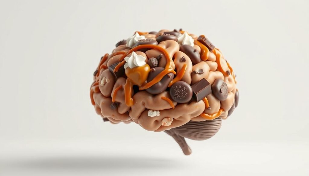 A highly detailed, hyper-realistic image of a human brain made of various high-calorie foods, including chocolate, caramel, whipped cream, and other indulgent ingredients. The brain is set against a clean, minimalist background, with soft, diffused lighting that emphasizes the luscious textures and rich colors of the confectionery materials. The composition should draw the viewer's attention to the brain's shape and form, highlighting its complex structure and the connection between our cravings for calorie-dense foods and the brain's role in driving those impulses. The overall mood should convey a sense of temptation and the struggle between indulgence and self-control.