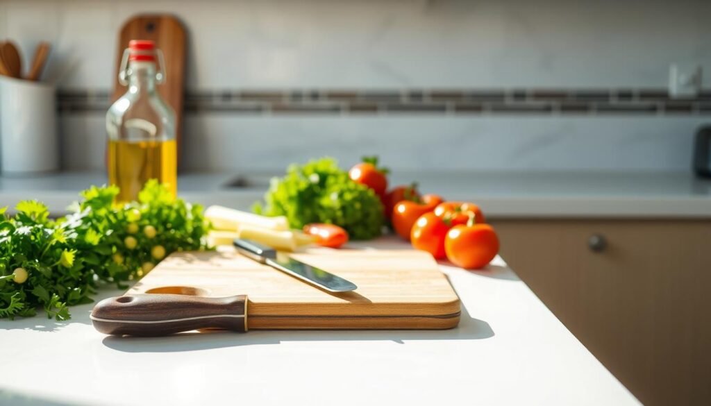 A kitchen counter with a clean, well-lit surface. On the counter, there are various food preparation tools and ingredients, including a cutting board, knife, vegetables, and a bottle of cooking oil. The scene conveys a sense of order and attention to food safety, with the items arranged in a deliberate, organized manner. The lighting is bright and natural, casting soft shadows and highlighting the textures of the materials. The background is slightly blurred, keeping the focus on the food preparation area. The overall mood is one of care, cleanliness, and attention to detail in the handling of food.