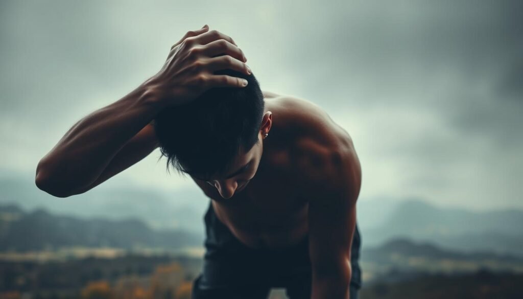 A person feeling the weight of chronic stress, their body tense and expression strained. The foreground depicts a figure hunched over, hands gripping their head in anguish, surrounded by a hazy, oppressive atmosphere. The middle ground shows a blurred landscape, devoid of vibrant colors, conveying a sense of overwhelming pressure. The background is a muted, gloomy palette, suggesting the pervasive and debilitating nature of chronic stress. Dramatic, high-contrast lighting casts harsh shadows, emphasizing the subject's emotional turmoil. The overall scene evokes a sense of emotional exhaustion and the need for release through physical activity.