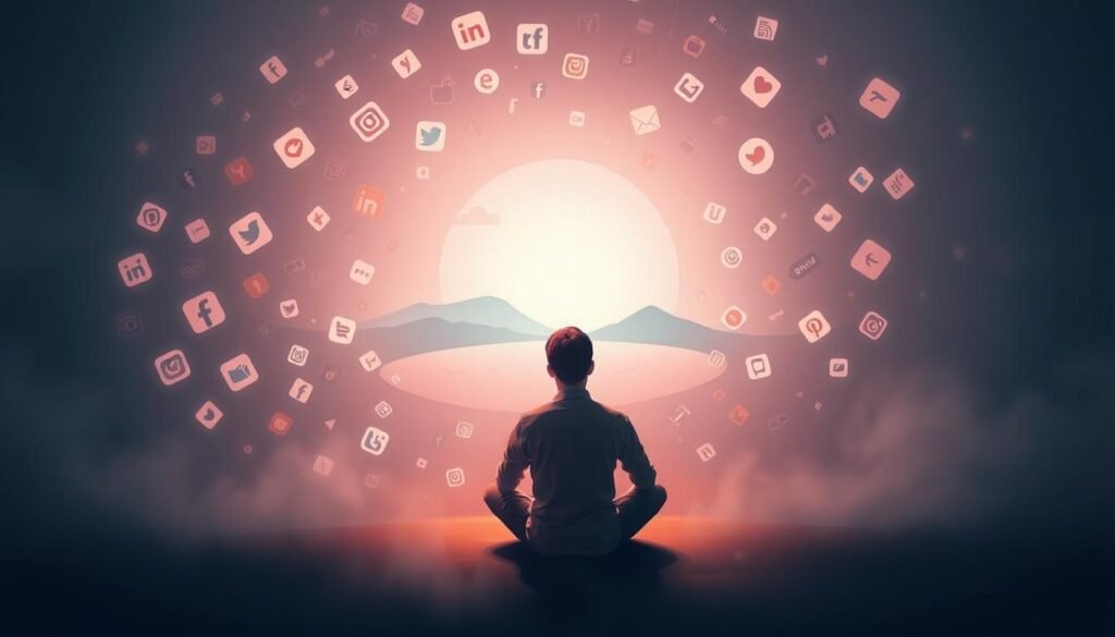 A serene and contemplative digital illustration depicting the concept of emotional management on social media. The foreground features a pensive individual seated cross-legged, lost in thought, surrounded by a swirling vortex of social media icons and symbols. The middle ground showcases a tranquil, minimalist landscape, hinting at the calming refuge one can find away from the digital noise. The background is bathed in a soft, warm glow, conveying a sense of introspection and inner harmony. The lighting is diffused and atmospheric, creating a sense of balance and emotional control. The overall mood is one of mindfulness, resilience, and the ability to navigate the emotional landscape of social media.
