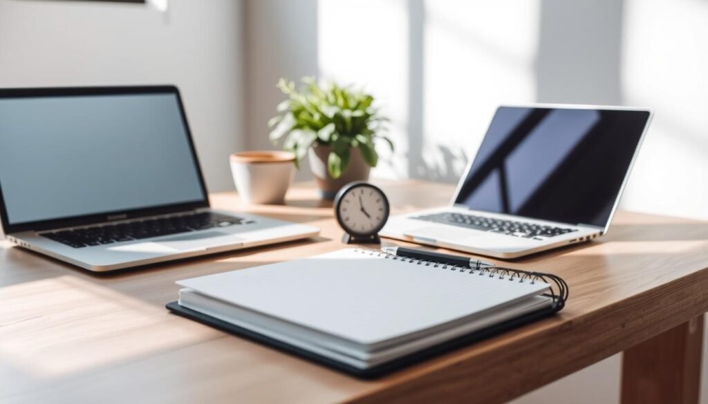 A serene, minimalist workspace with a wooden desk, a laptop, and a potted plant. Soft, natural lighting illuminates the scene, casting gentle shadows. A digital clock and a notebook with a pen rest on the desk, symbolizing the theme of time management. The background is blurred, keeping the focus on the organized workspace and the tools for productivity. The overall atmosphere conveys a sense of focus, efficiency, and control over one's time.