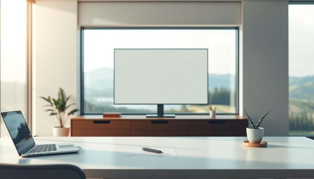 A serene office setting with a minimalist, modern aesthetic. In the foreground, a sleek desk with a laptop, a pen, and a potted plant. In the middle ground, a large display screen takes center stage, representing the strategies for managing digital distractions. The background features a calming landscape view through a large window, providing a sense of balance and tranquility. Soft, diffused lighting creates a warm, inviting atmosphere, and the camera angle is slightly elevated to convey a sense of thoughtfulness and control. The overall composition suggests a harmonious approach to navigating the challenges of hyper-connectivity and maintaining focus and productivity.