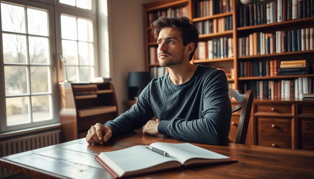 A serene study setting, with a person seated at a wooden desk, deep in contemplation. The room is bathed in warm, natural light, creating a contemplative atmosphere. On the desk, a notebook and pen lie open, symbolizing the process of self-reflection and introspection. The person's expression is focused, their gaze turned inward, signifying the power of self-awareness and the identification of personal patterns. In the background, a bookshelf filled with volumes on psychology and personal growth hints at the journey of self-discovery. The overall scene conveys a sense of clarity, understanding, and the transformative potential of self-knowledge.