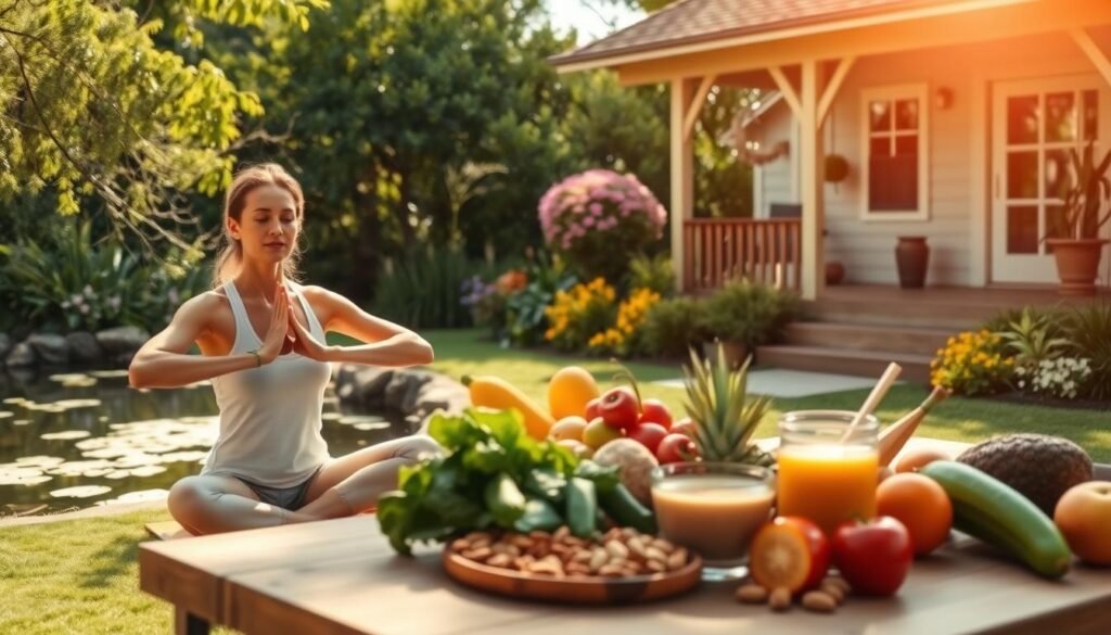 A serene, sunlit garden scene with lush greenery, vibrant flora, and a peaceful pond. In the foreground, a person practicing gentle yoga poses, their expression calm and focused. The middle ground features a table laden with healthy, whole foods - fresh fruits, vegetables, nuts, and a probiotic-rich drink. In the background, a cozy cottage with an inviting porch, suggesting a harmonious, nurturing environment. The lighting is soft and natural, evoking a sense of balance and well-being. The overall atmosphere is one of mindfulness, nourishment, and holistic wellness.