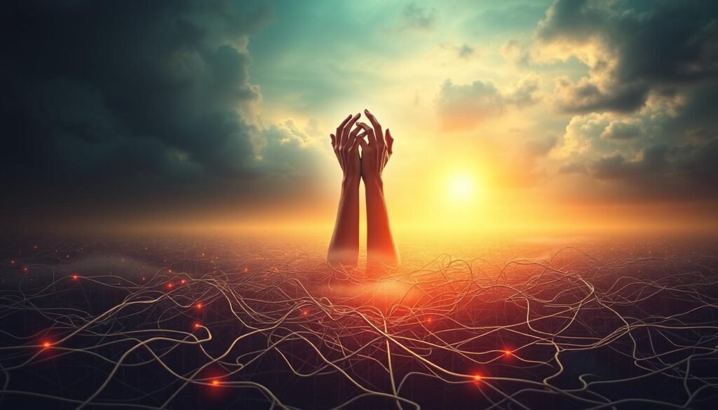 A surreal dreamscape depicting the cognitive biases that influence our decisions. In the foreground, a maze of tangled neural pathways representing the subconscious processes that shape our choices, lit by a warm, ethereal glow. In the middle ground, a pair of disembodied hands grasping at the threads of the maze, symbolizing the struggle to overcome mental traps. The background is a vast, shifting landscape of abstract shapes and hues, conveying the complexity and uncertainty of the decision-making process. The overall mood is contemplative and introspective, inviting the viewer to explore the hidden mechanisms of the mind.