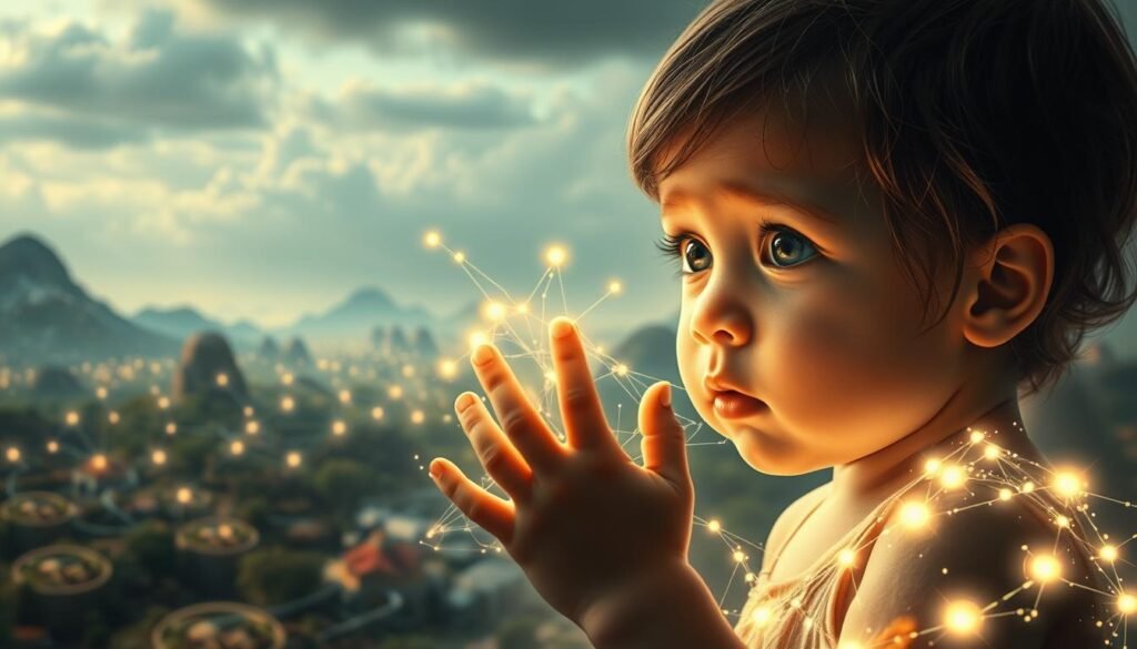 A surreal, ethereal landscape depicting the paradoxical effects of hyperconnectivity on child development. In the foreground, a young child enveloped in a glowing digital aura, their eyes wide with wonder and confusion. Tendrils of light emanate from their fingertips, connecting to a vast network of pulsing nodes and circuits in the middle ground. The background reveals a fragmented, dreamlike world, where natural and technological elements merge, creating a sense of disorientation and duality. Soft, diffused lighting casts a contemplative, almost melancholic mood, hinting at the complex, often contradictory impacts of our increasingly hyperconnected existence on the developing mind.