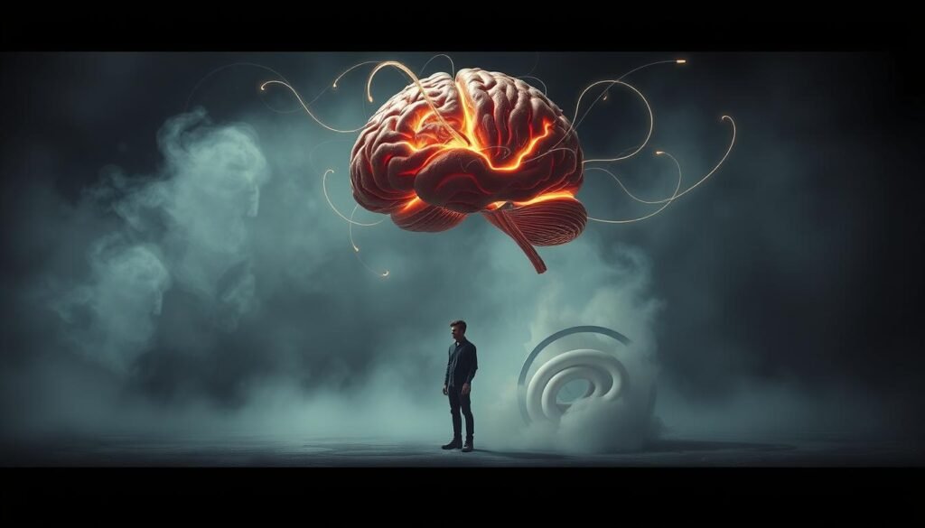 A surreal scene depicting the unconscious decision-making process of the human brain. In the foreground, a disembodied human brain hovers, its neural pathways glowing with an inner luminescence. Swirling tendrils of energy emanate from the brain, subtly influencing the surrounding environment. In the middle ground, a figure stands, their expression pensive and distracted, unaware of the unseen forces guiding their actions. The background is shrouded in a hazy, dreamlike atmosphere, with subtly shifting forms and textures that evoke the subconscious realm. Dramatic, high-contrast lighting casts dramatic shadows, highlighting the sense of hidden depths and unseen influences. Rendered in a striking, almost hyperrealistic style, the image conveys the idea of unconscious decisions shaping our reality.