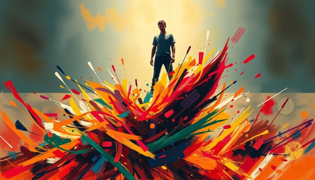 A vibrant, dynamic scene depicting the contrast between emotional and rational decision-making. In the foreground, a figure wrestles with a turbulent swirl of emotions, visualized as a torrent of vivid colors and expressive brushstrokes. In the background, a calmer, more composed figure embodies a thoughtful, analytical approach, surrounded by a muted, geometric landscape. Dramatic lighting casts dramatic shadows, heightening the sense of internal struggle. The composition is balanced, with a sense of motion and tension, inviting the viewer to contemplate the complex interplay between heart and mind.