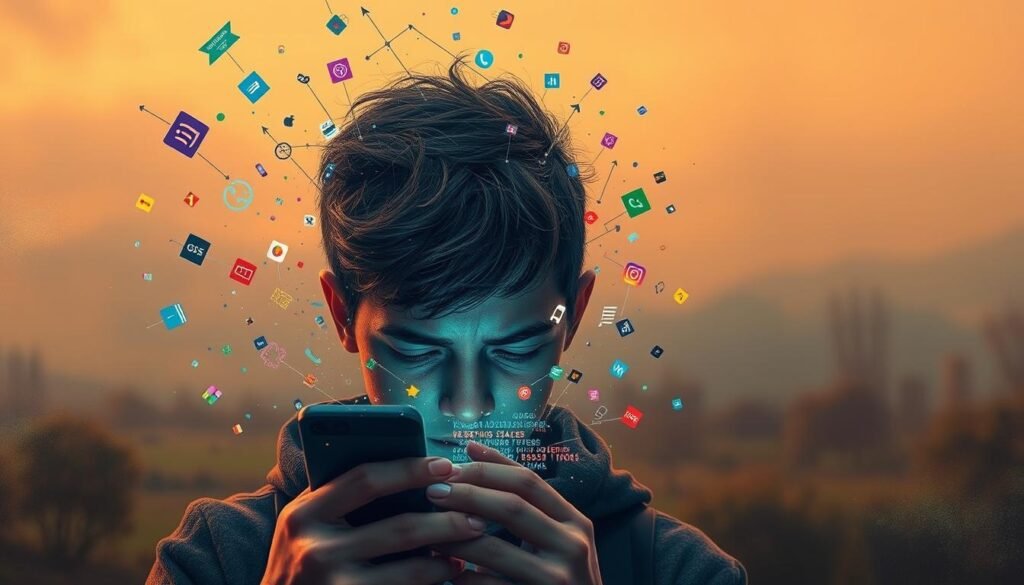 A vibrant, emotive scene depicting the psychological impacts of hyperconnectivity. In the foreground, a young person's face is obscured by a smartphone screen, their expression one of distress and disconnection. Swirling around them, fragmented digital elements - glitching icons, pulsing data streams - symbolize the overwhelming sensory stimuli of constant connectivity. The background fades to a blurred, dreamlike landscape, evoking the dissociation and mental fatigue that can result from excessive screen time. Warm, diffused lighting casts a melancholic hue, underscoring the emotional toll of this modern condition. Rendered with a painterly, impressionistic style to heighten the psychological impact.
