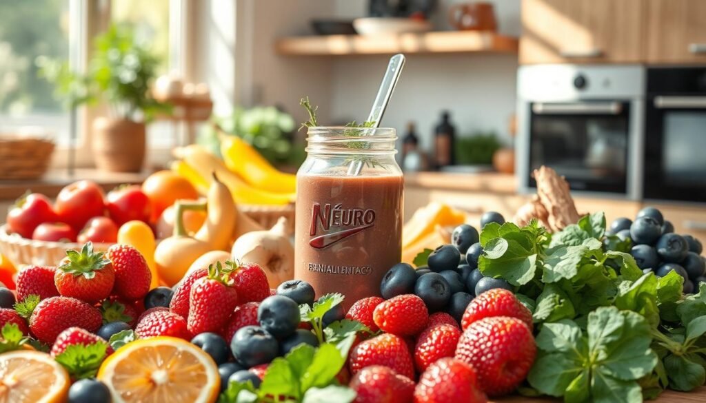A vibrant, high-resolution image of a healthy "neuroalimentação" scene. In the foreground, a bountiful spread of fresh, colorful fruits and vegetables - juicy berries, crisp greens, and earthy roots. In the middle ground, a glass jar filled with a nutrient-rich smoothie, garnished with delicate herbs. The background features a serene, sun-dappled kitchen setting, with natural wood accents and a minimalist design aesthetic. The lighting is soft and diffused, creating a warm, inviting atmosphere. The composition emphasizes the harmony between these wholesome, brain-nourishing ingredients, inviting the viewer to consider a transition towards a more mindful, healthful dietary approach.
