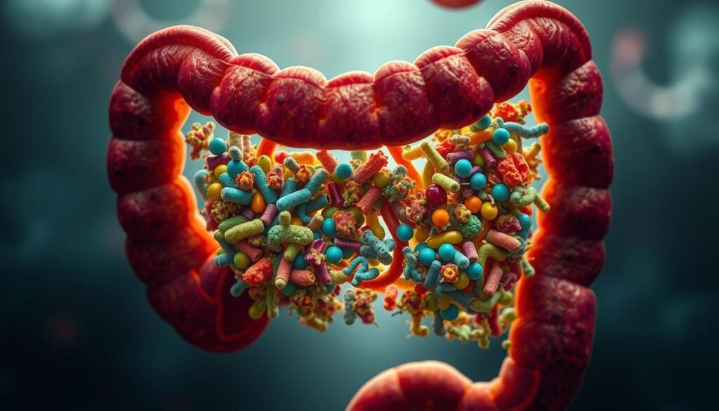 A visual representation of intestinal dysbiosis, showcasing an imbalanced gut microbiome. The foreground depicts a cross-section of the intestine, with an array of diverse and disorderly bacterial colonies. Vibrant yet unsettling colors, conveying the disrupted harmony within the digestive system. The middle ground features a hazy, ethereal backdrop, alluding to the interconnectedness between the gut and the mind. Muted, subdued tones create an atmosphere of unease, reflecting the potential psychological implications of this condition. The overall composition emphasizes the intricate relationship between the gut and the human psyche, a narrative that the viewer can explore and ponder.