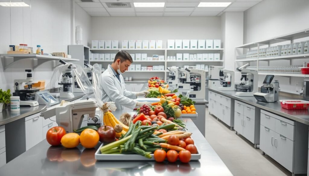 A well-lit, high-resolution image of a modern food quality control laboratory. In the foreground, a technician in a white lab coat carefully inspects a selection of fresh produce, meticulously checking for signs of spoilage or contamination. In the middle ground, rows of state-of-the-art analytical equipment, including microscopes, spectrophotometers, and digital scales, sit atop sleek, stainless steel countertops. The background showcases a clean, organized workspace with floor-to-ceiling shelves stocked with neatly labeled samples and reference materials. Soft, diffused lighting and a muted color palette convey a sense of precision, professionalism, and a commitment to ensuring the highest standards of food safety and quality.