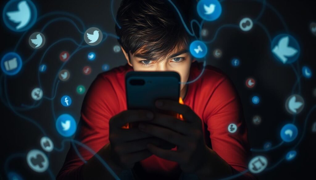 A young person hunched over a smartphone, eyes glued to the screen, surrounded by a swirling vortex of social media icons and digital tendrils. The subject's face is half-obscured, expressing a sense of disconnection and preoccupation. The background is dimly lit, with shadows cast across the scene, creating an atmosphere of digital entrapment. The composition emphasizes the subject's isolation and the compulsive nature of digital dependence. Soft, warm lighting illuminates the smartphone's glow, drawing the viewer's attention to the device's hold over the subject. The image conveys the scientific and psychological aspects of digital addiction in a visually compelling manner.