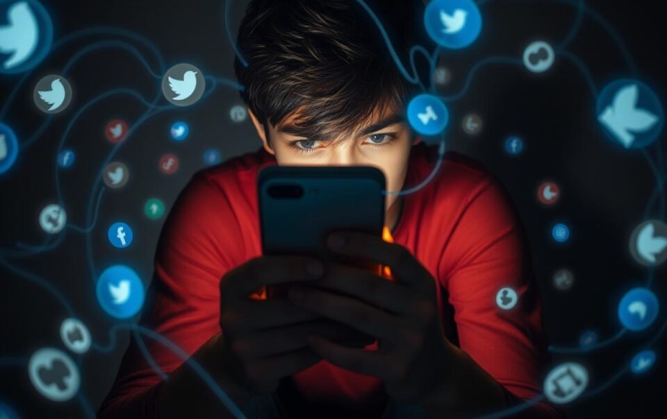 A young person hunched over a smartphone, eyes glued to the screen, surrounded by a swirling vortex of social media icons and digital tendrils. The subject's face is half-obscured, expressing a sense of disconnection and preoccupation. The background is dimly lit, with shadows cast across the scene, creating an atmosphere of digital entrapment. The composition emphasizes the subject's isolation and the compulsive nature of digital dependence. Soft, warm lighting illuminates the smartphone's glow, drawing the viewer's attention to the device's hold over the subject. The image conveys the scientific and psychological aspects of digital addiction in a visually compelling manner.