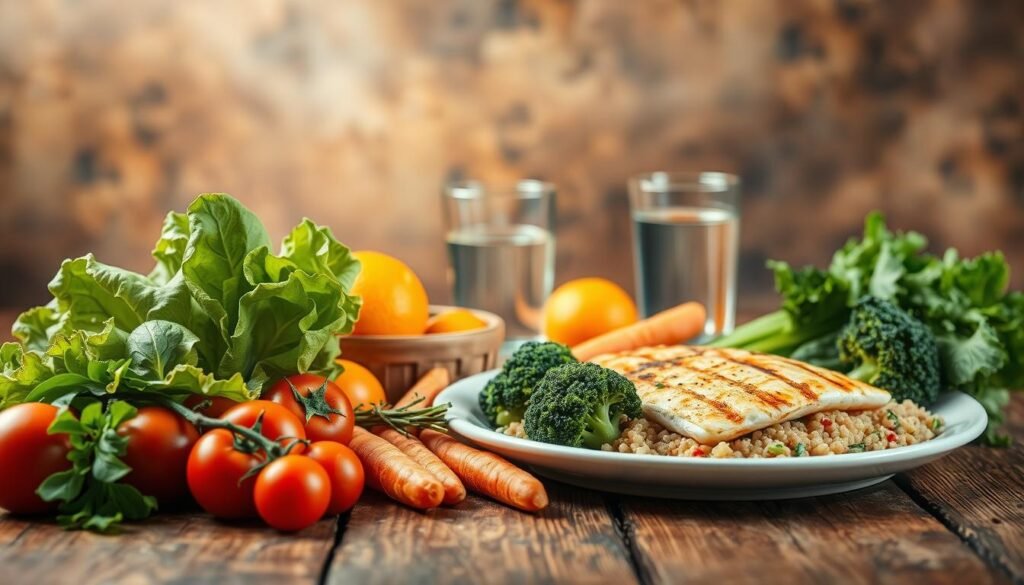 A beautifully lit still life scene depicting healthy food items arranged on a rustic wooden table. In the foreground, an assortment of fresh fruits and vegetables - vibrant tomatoes, crisp lettuce leaves, juicy oranges, and crunchy carrots. In the middle ground, a glass of clear water and a plate with a balanced meal of grilled fish, steamed broccoli, and quinoa. The background features a natural, earthy backdrop, with a subtle bokeh effect creating a sense of depth and focus. The lighting is soft and warm, accentuating the natural colors and textures of the food. The overall atmosphere conveys a sense of mindfulness, balance, and a healthy approach to nourishment.