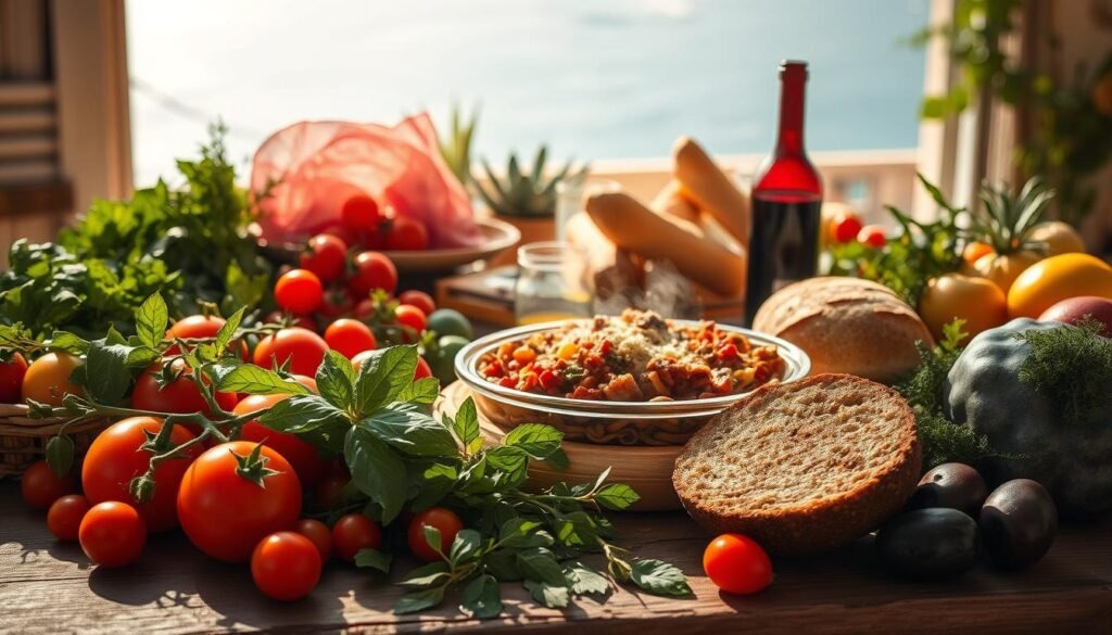 A bountiful Mediterranean-style feast, overflowing with fresh, vibrant ingredients. In the foreground, a rustic wooden table is laden with a variety of seasonal produce - ripe tomatoes, crisp greens, earthy olives, and fragrant herbs. Sunlight filters through a window, casting a warm, golden glow over the scene. In the middle ground, a large, steaming dish of hearty, slow-cooked stew or pasta takes center stage, surrounded by freshly baked bread and a carafe of robust red wine. The background is hazy, suggesting a cozy, intimate setting, perhaps a sun-dappled terrace or a charming villa overlooking the azure waters of the Mediterranean Sea. The overall mood is one of nourishment, tranquility, and the simple pleasures of the Mediterranean lifestyle.