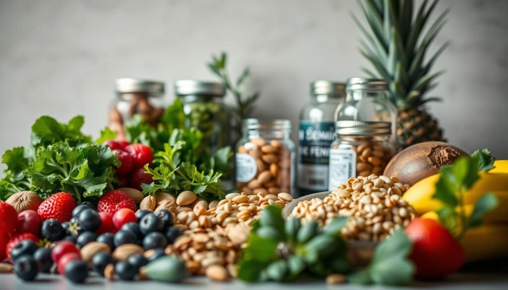 A bountiful display of brain-boosting nutrients, captured in a still life composition. In the foreground, an assortment of vibrant, fresh produce - leafy greens, berries, nuts, and seeds - arranged artfully against a neutral background. Mid-frame, a collection of glass jars filled with shimmering supplements, their labels hinting at the cognitive-enhancing compounds within. The lighting is soft and diffused, creating a tranquil, contemplative atmosphere, drawing the viewer's focus to the nourishing elements that sustain and protect the brain. Captured with a shallow depth of field, the image invites the viewer to ponder the essentiality of these vital nutrients for optimal brain health and function.