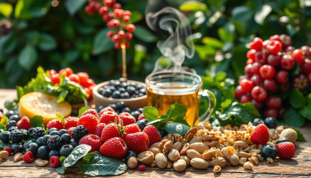 A bountiful spread of brain-boosting foods, artfully arranged on a rustic wooden table. In the foreground, a vibrant array of berries, leafy greens, and nuts, glistening with freshness under warm, natural lighting. In the middle ground, a drizzle of golden honey and a steaming cup of herbal tea, creating a soothing, nourishing atmosphere. The background features lush, verdant foliage, hinting at the verdant, rejuvenating essence of this healthy feast for the senses and the mind. A harmonious blend of color, texture, and wholesome goodness, designed to inspire and nourish the brain for optimal cognitive function.