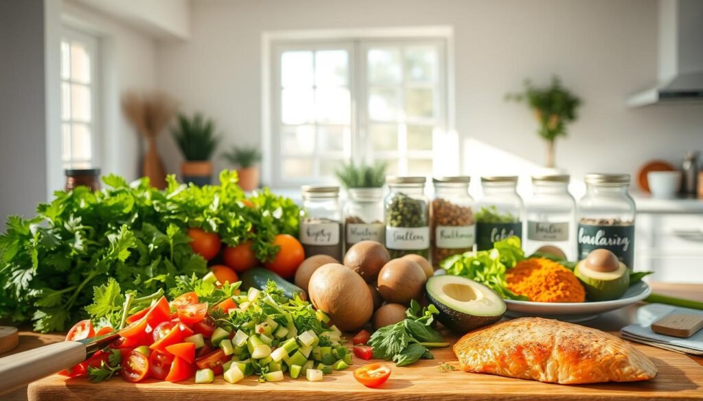 A bountiful, sun-drenched table overflows with a vibrant array of anti-inflammatory ingredients. In the foreground, a cutting board showcases freshly chopped vegetables - crisp greens, vibrant red tomatoes, and earthy mushrooms. Complementing them, a bowl of creamy avocado and a plate of grilled salmon, its flaky flesh glistening. In the middle ground, glass jars hold an assortment of anti-inflammatory spices and herbs, their labels handwritten in a rustic script. The background features an airy, minimalist kitchen, with natural light streaming in through large windows, casting a warm, inviting glow over the scene. The overall atmosphere evokes a sense of health, vitality, and culinary delight.