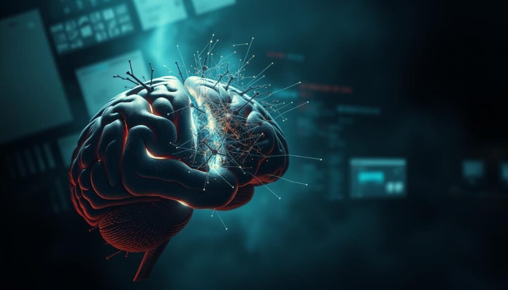 A brain under the strain of excessive screen time, with cognitive abilities visibly diminishing. In the foreground, a distorted, fragmented cerebral cortex, neurons flickering erratically. The middle ground depicts a hazy, digital landscape, interfaces and data streams overwhelming the mind. In the background, a dimly lit, gloomy environment, symbolizing the detrimental impact on cognitive functions. Dramatic lighting casts sharp shadows, emphasizing the sense of unease and the erosion of mental faculties. A cinematic, moody atmosphere conveys the gravity of the situation, urging viewers to consider the consequences of our digital overindulgence.