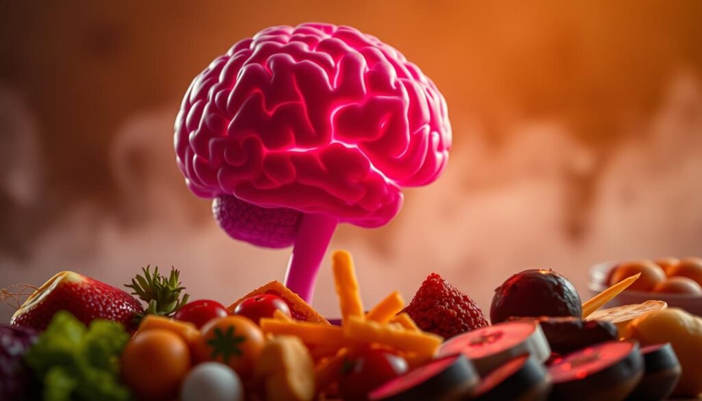 A brightly lit, close-up image of a human brain, with the frontal lobe highlighted and pulsing with a vibrant, neon-like glow, symbolizing the influence of dopamine. In the foreground, a variety of delectable, visually appealing food items are arranged, creating a sense of temptation and craving. The middle ground features a blurred, dreamlike background, evoking the subconscious and emotional aspects of the relationship between dopamine and food consumption. Soft, warm lighting casts a contemplative, introspective mood, inviting the viewer to consider the complex interplay between mental health, neurochemistry, and eating behavior.