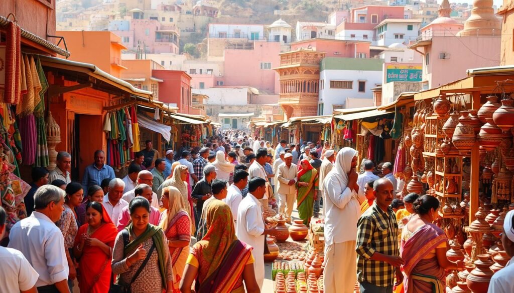 A bustling scene of cultural habits unfolding in a vibrant, sun-drenched marketplace. In the foreground, a diverse array of people engage in lively interactions, their traditional attire and gestures reflecting the unique customs of their respective communities. The middle ground showcases an eclectic display of handcrafted goods, from intricately woven textiles to intricate pottery, each item a testament to the rich heritage of the region. In the background, a tapestry of colorful buildings and architectural elements create a visually captivating backdrop, evoking a sense of cultural immersion. The scene is bathed in warm, golden light, casting a serene and inviting atmosphere that captures the essence of how habits shape and reflect the diverse cultural tapestry of the world.