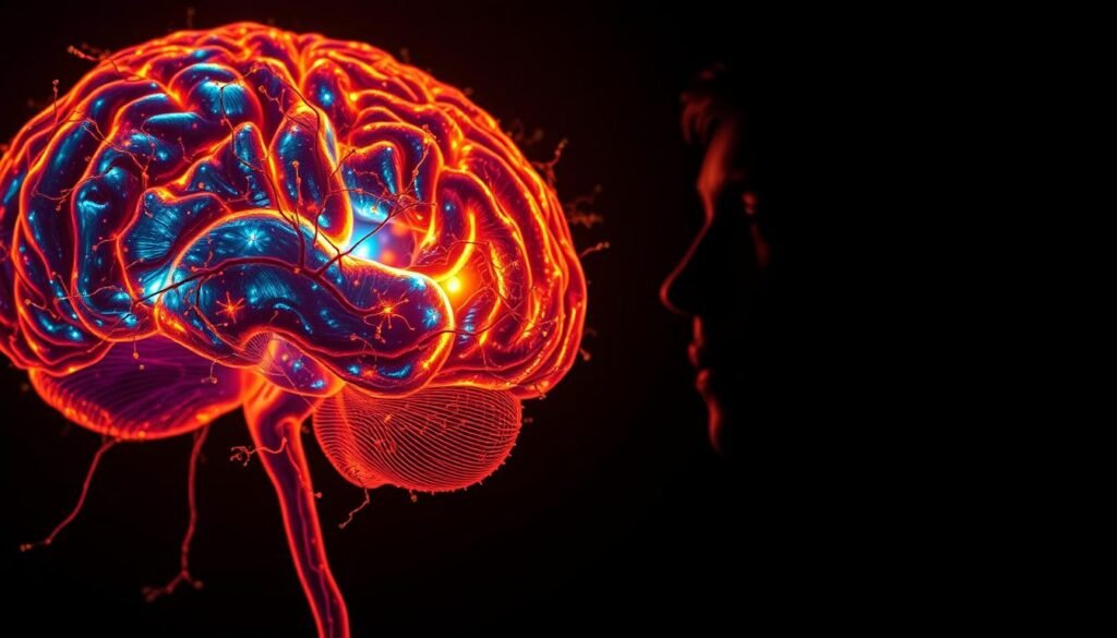 A cerebral cortex aglow with neurological activity, synapses firing in a symphony of thought and emotion. In the foreground, an intricate network of neurons and glial cells, rendered in vibrant hues that pulse with life. The middle ground depicts the limbic system, the emotional heart of the brain, awash in a warm, fiery glow that radiates outward. In the background, a silhouetted figure ponders, their features softly illuminated, captured in a moment of contemplation as they grapple with the interplay of reason and sentiment. Dramatic chiaroscuro lighting casts dramatic shadows, creating a sense of depth and mystery. An immersive, thought-provoking scene that captures the essence of "neuroscience and emotions" in the context of decision-making.