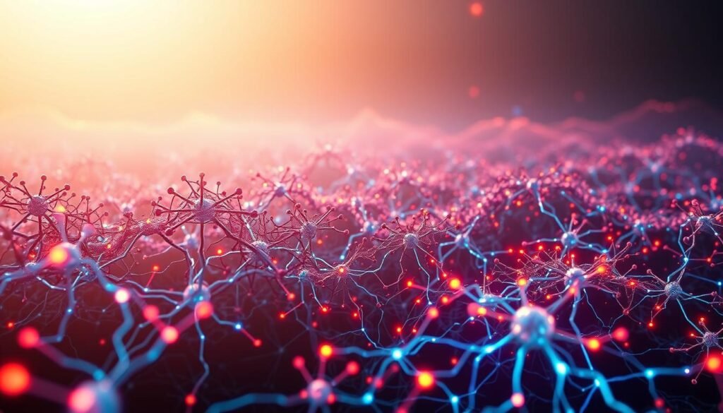 A cerebral landscape of dynamic neural pathways, showcasing the power of neuroplasticity. In the foreground, a dense network of synaptic connections pulsates with vibrant, neon-like energy, symbolizing the brain's remarkable ability to adapt and rewire itself. The middle ground features a serene, holistic view of the neural network, conveying a sense of harmony and balance. In the background, cascading waves of abstract, luminescent shapes and forms suggest the infinite potential for growth and transformation. The scene is illuminated by a warm, diffused lighting that casts a soft, ethereal glow, evoking a sense of wonder and exploration. Captured through a wide-angle lens, the image conveys the vastness and complexity of the human brain's neuroplastic capacity.