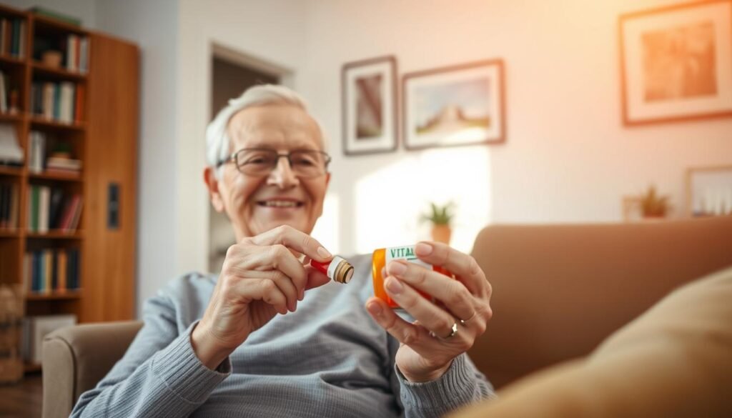 A cheerful elderly person taking a vitamin C supplement, sitting in a cozy, well-lit living room. The foreground depicts the person's hands carefully opening a bottle of vitamin C tablets, with a warm, natural lighting illuminating their face. The middle ground showcases a comfortable armchair and a side table with a potted plant, creating a sense of domestic tranquility. The background features a bookshelf and a framed artwork, suggesting an intellectual and relaxed environment. The overall mood conveys the importance of vitamin C intake for the health and well-being of the elderly, captured through a serene and inviting scene.