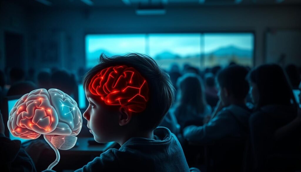 A classroom filled with children, their eyes glued to digital screens, a hazy, blue-tinged light casting an eerie glow over the scene. In the foreground, a young student's brain, partially exposed, pulsing with neural activity as the technology infiltrates their developing mind. The middle ground depicts various educational tools and resources, symbolizing the potential for guiding this digital generation. In the background, a softly blurred landscape, representing the natural world that risks being overshadowed. Dramatic chiaroscuro lighting accentuates the contrast between the technological influence and the need for a balanced, nature-inspired education.
