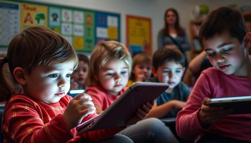 A classroom filled with young children, their faces illuminated by the glow of digital devices. In the foreground, a child's hands grasp a tablet, eyes transfixed on the screen. The middle ground reveals other children similarly engrossed, their posture slouched and attention divided. In the background, a teacher watches with a concerned expression, the classroom's walls adorned with educational posters and shelves of books, a stark contrast to the technological focus. The lighting is soft and diffused, creating a sense of unease, as if the digital world has invaded this space of learning and development. The scene conveys the risks of excessive technology use during the critical stage of childhood, where cognitive and social skills should be nurtured through more holistic, analog experiences.