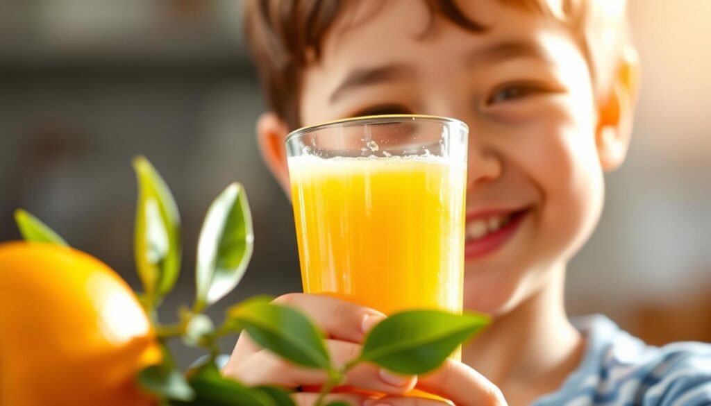 A close-up photograph of a smiling child holding a glass of orange juice, with a vibrant orange fruit and green leaves in the foreground. The child's face is well-lit from the side, creating a warm, natural lighting that highlights their joy and curiosity. The background is slightly blurred, creating a soft, out-of-focus effect that draws the viewer's attention to the child and the vitamin C-rich beverage. The image conveys the importance of vitamin C for children's health and well-being, with a cheerful, inviting atmosphere.