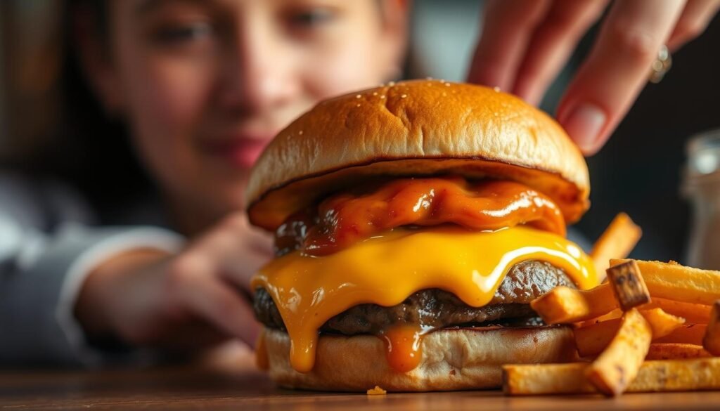 A close-up shot of a high-calorie, fatty food item, such as a cheeseburger or fries, against a blurred background. The food item should be the focal point, illuminated by warm, natural lighting that accentuates its greasy, indulgent appearance. The composition should create a sense of temptation and reward, reflecting the impact of fat on the brain's reward system. Subtle visual cues, such as a hand reaching towards the food or a blurred image of a person's face in the background, could further emphasize the allure and addictive nature of the item. The overall mood should be one of indulgence and craving, drawing the viewer's attention to the power of fatty foods to hijack the brain's reward pathways.