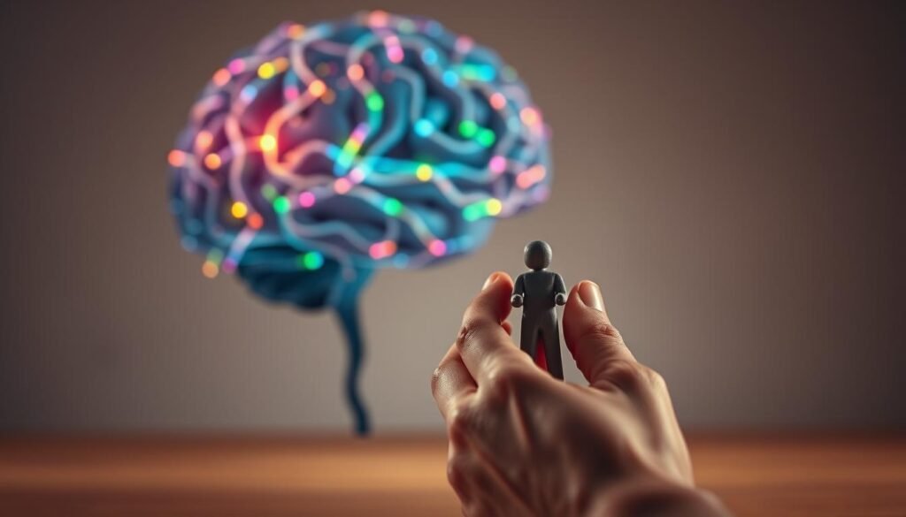 A close-up view of a human brain with a network of interconnected neurons, glowing and pulsating with vibrant colors, symbolizing the dynamic process of neuroplasticity. In the foreground, a hand delicately shapes a clay figure, representing the conscious effort to build new habits. The background features a serene, minimalist environment with muted tones, creating a sense of focus and contemplation. The lighting is soft and diffused, casting a warm, introspective atmosphere. Captured with a shallow depth of field, emphasizing the connection between the brain's adaptability and the power of habit formation.