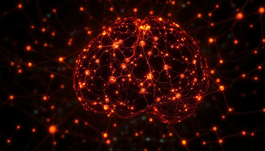 A complex neural network of intricate circuitry, with interconnected pathways pulsing with energy. Glowing synapses and neurons firing in a mesmerizing dance, illuminating the intricate mechanics of the brain. Rendered in a striking chiaroscuro, with dramatic contrasts of light and shadow, conveying the hidden depth and dynamism of the human mind. The scene has a cerebral, almost mystical quality, inviting the viewer to ponder the enigmatic workings of our most essential organ. Captured through the lens of a high-resolution camera, with a shallow depth of field to focus attention on the central elements.