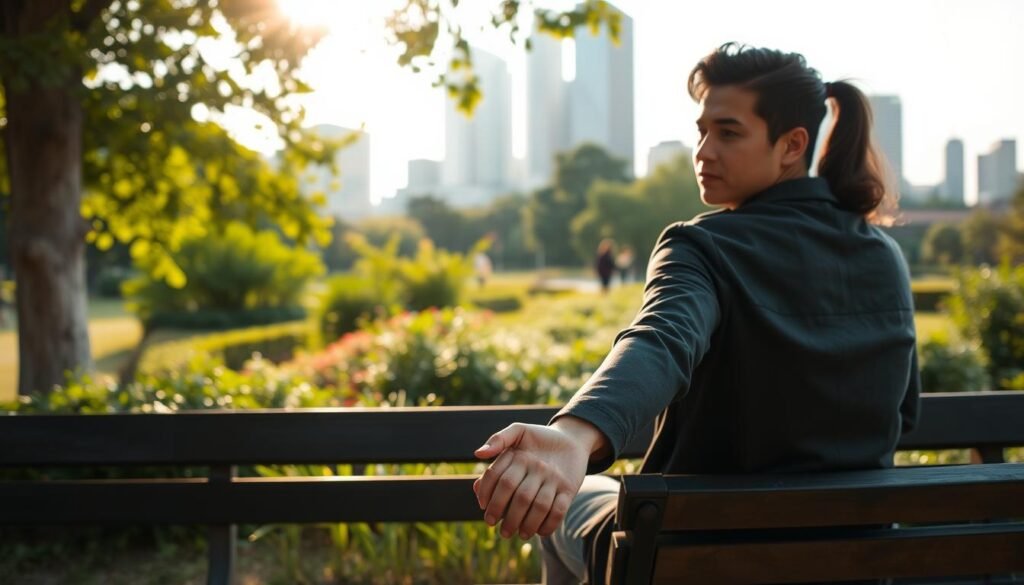 A couple sitting on a park bench, their faces calm and serene, conveying emotional resilience in their relationship. The foreground shows their intertwined hands, a symbol of their bond. The middle ground features a lush, verdant garden, with sunlight filtering through the leaves, creating a warm, soothing atmosphere. In the background, a city skyline with towering buildings, suggesting the challenges they have overcome together. The image is captured with a soft, dreamlike focus, using a medium-wide lens to emphasize the intimate connection between the partners.