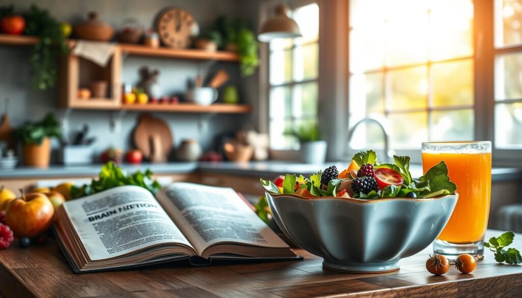 A cozy and inviting kitchen interior, illuminated by warm natural light filtering through large windows. On the countertop, an array of fresh, vibrant fruits and vegetables - apples, berries, leafy greens, and an open book showcasing a chapter on "Brain Nutrition". A elegant ceramic bowl filled with a colorful salad, garnished with herbs, sits alongside a glass of freshly squeezed juice. The overall atmosphere conveys a sense of nourishment, health, and mental well-being, reflecting the theme of "Alimentação e NeuroWellness".