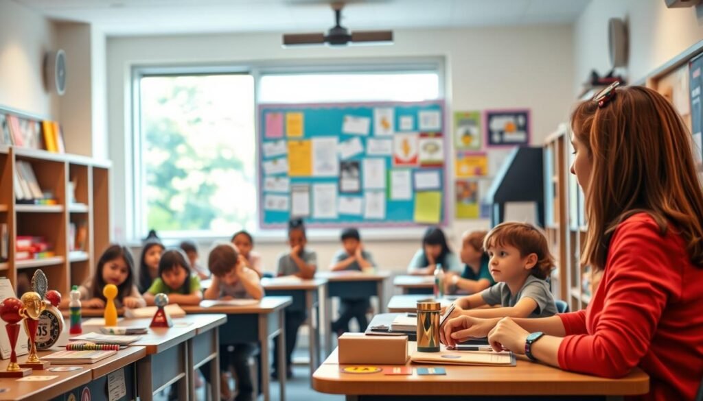 A cozy classroom setting, illuminated by warm, soft lighting. In the foreground, a teacher's desk adorned with colorful stickers and a variety of educational rewards, such as certificates, trophies, and stickers. Students seated at their desks, engaged in lively discussions, their faces expressing a sense of excitement and anticipation. In the middle ground, a vibrant wall display showcasing student artwork and accolades, highlighting the value placed on academic achievements. The background features a large window, allowing natural light to filter in, creating a serene and inviting atmosphere. The overall scene conveys the idea of a nurturing, reward-driven educational environment that fosters a love of learning.