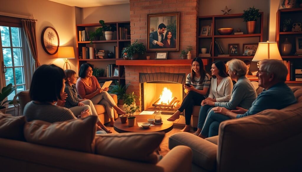 A cozy living room with a group of friends gathered around a warm fireplace, engaged in lively conversation. Soft lighting casts a golden glow, creating an intimate and inviting atmosphere. In the foreground, a plush sofa and armchairs beckon, while in the middle ground, the friends exchange stories and laughter. The background features bookshelves, potted plants, and personal mementos, reflecting the close-knit nature of their relationships. The overall scene conveys a sense of connection, comfort, and the importance of interpersonal bonds in one's life.
