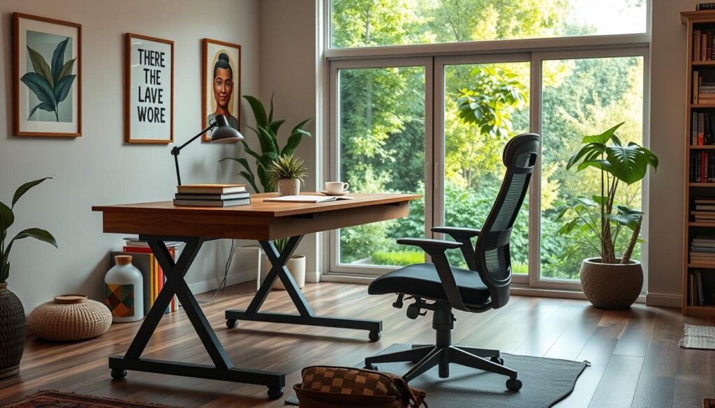 A cozy, well-lit home office with a large wooden desk and a comfortable ergonomic chair. On the desk, a stack of books, a tablet, and a cup of steaming tea. In the background, a large window overlooking a lush, green garden, with soft natural light filtering in. The walls are adorned with inspirational artwork and shelves filled with educational materials. A meditation cushion sits on the floor, inviting introspection and mental focus. The overall atmosphere is one of tranquility, productivity, and a dedication to personal growth and mental stimulation.