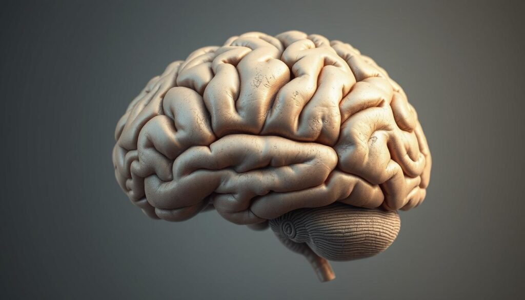 A cross-section of the human brain, with distinct regions highlighted to illustrate the concept of "cerebral thinning" or "emagrecimento cerebral". The foreground showcases the various lobes and structures, rendered in muted, naturalistic tones. The middle ground depicts subtle, gradual reduction in the volume and density of certain areas, symbolizing the neurological changes associated with weight loss. The background is a soft, atmospheric gradient, evoking a sense of scientific inquiry and introspection. Rendered with a crisp, high-resolution photorealistic style, using a standard camera lens and balanced lighting to emphasize the subject's details and convey the medical/educational nature of the image.