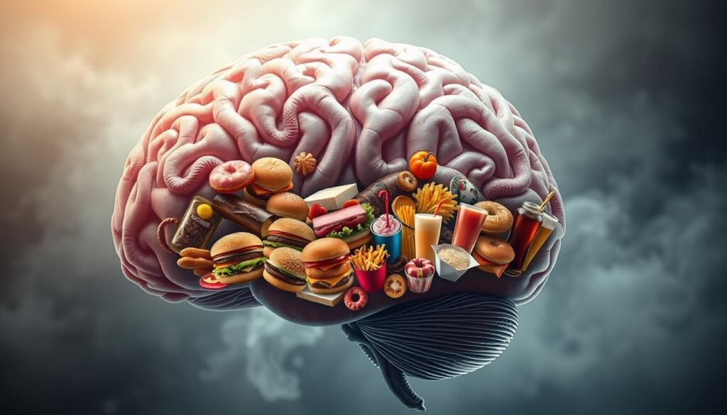 A cross-section of the human brain, with intricate neural pathways winding through a landscape of colorful, highly processed food items. The foreground features a tangled web of synaptic connections, reflecting the neuroplastic changes associated with food addiction. In the middle ground, a mosaic of tempting, high-calorie treats - burgers, fries, donuts, and sugary beverages - exert their alluring influence. The background depicts a hazy, dreamlike environment, evoking the altered state of mind that can accompany compulsive eating. The lighting is soft and diffused, creating a contemplative, almost melancholic atmosphere. The overall composition conveys the profound, far-reaching impact of food addiction on the brain's structure and function.