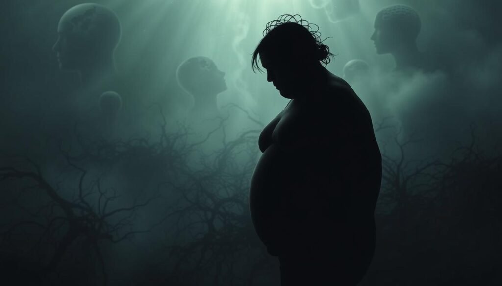 A dark, brooding scene depicting the connection between obesity and neurological diseases. In the foreground, a shadowy, distorted human figure representing the debilitating effects of excess weight on the brain. Surrounding it, a hazy, dreamlike landscape of tangled neural pathways, mirroring the disrupted cognitive functions. Muted colors and moody lighting create a sense of unease and deterioration. In the background, faint silhouettes of damaged brain structures, a visual metaphor for the neurological consequences of obesity. The overall composition conveys the profound and disturbing impact of this public health crisis.