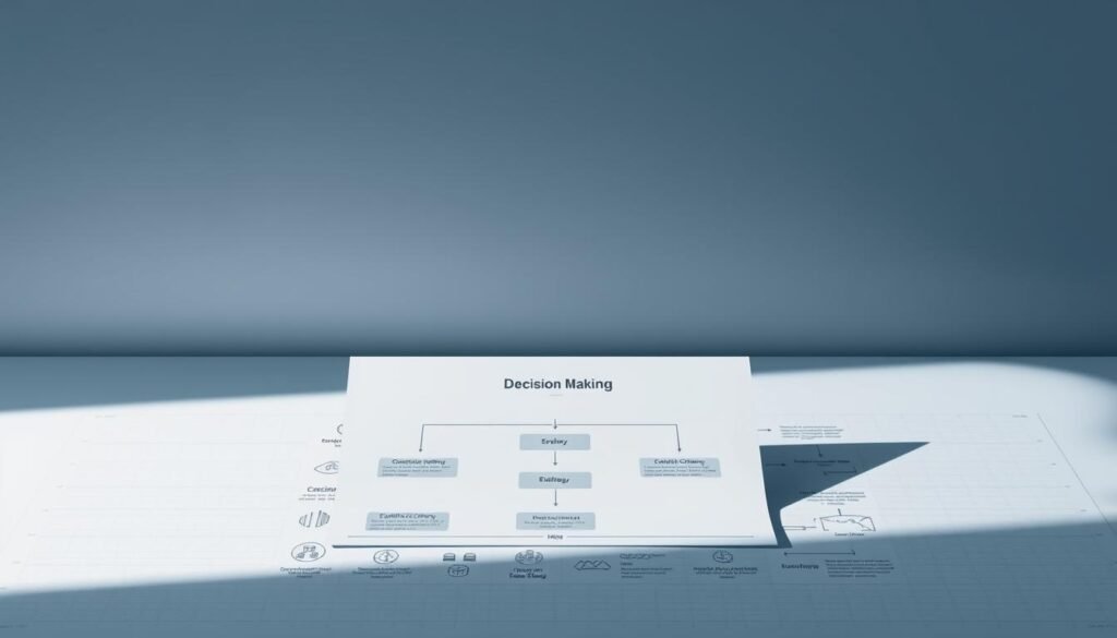 A decision-making strategy blueprint, rendered in a sleek, minimalist aesthetic. A central decision-making flowchart occupies the foreground, surrounded by secondary icons and diagrams illustrating key concepts like risk analysis, evaluation criteria, and implementation steps. The background features a subtle grid pattern, symbolizing the structured, methodical approach to decision-making. Muted tones of blue, gray, and white convey a sense of clarity and focus. Dramatic side lighting casts angular shadows, adding depth and dimension to the composition. The overall mood is one of purposeful, informed decision-making.